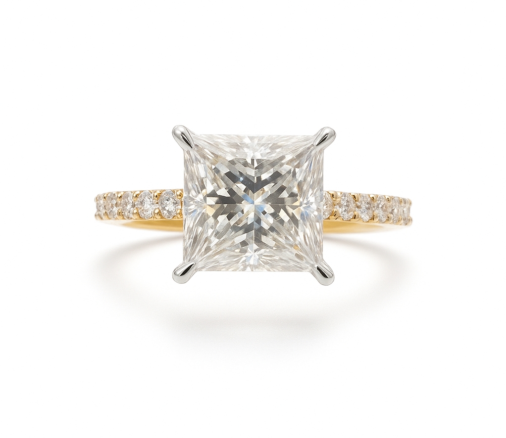 18K Yellow and White Gold 5ct Princess Cut Moissanite Ring - Main View