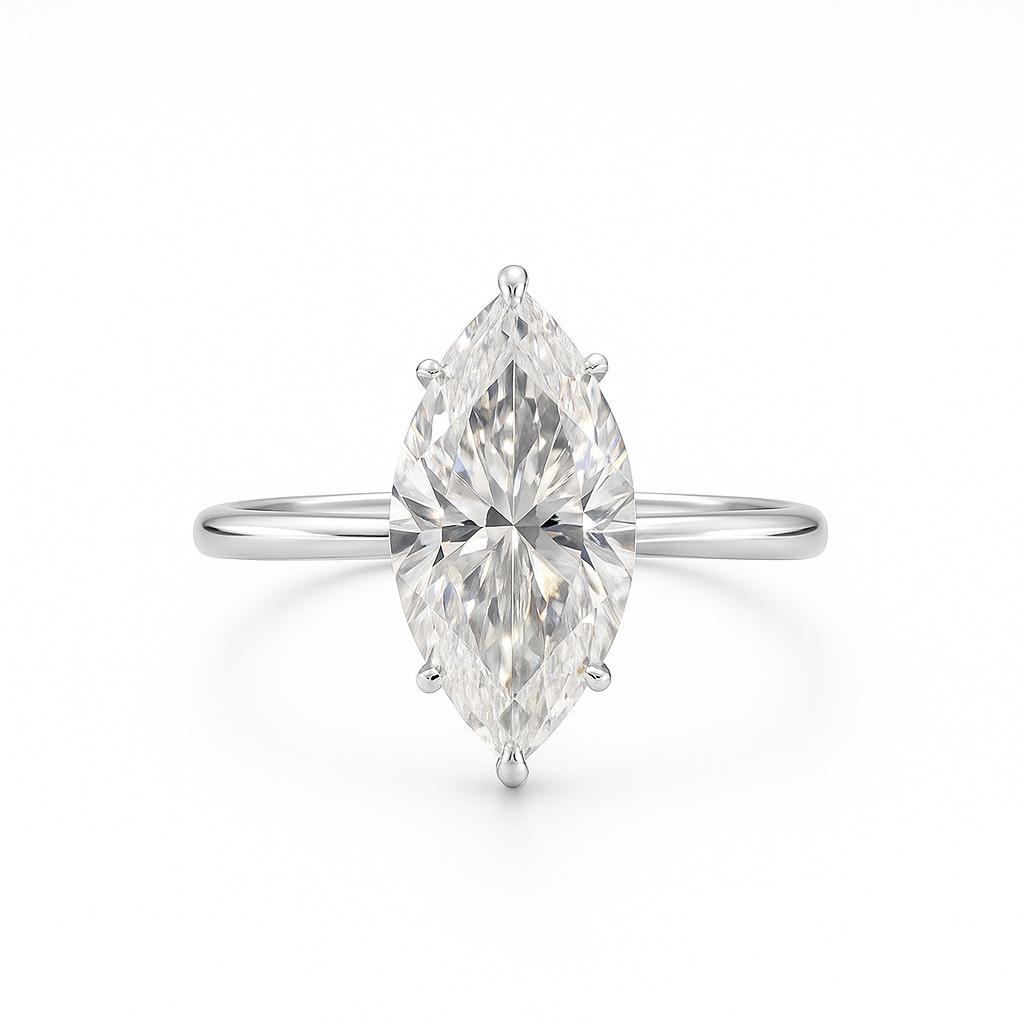 18K White Gold 6ct Marquise Cut Moissanite Solitaire Ring - Front View