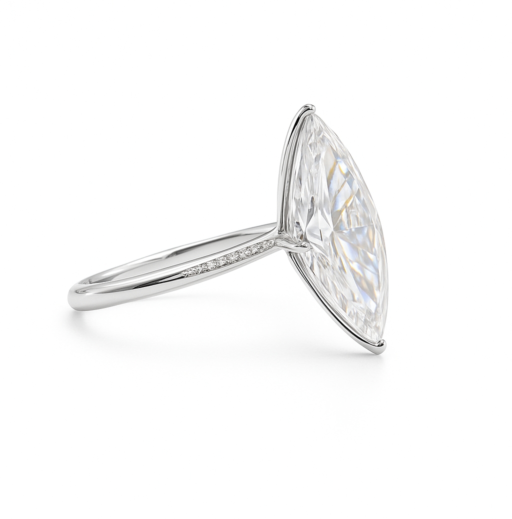 18K White Gold 6ct Marquise Cut Moissanite Solitaire Ring - Profile View