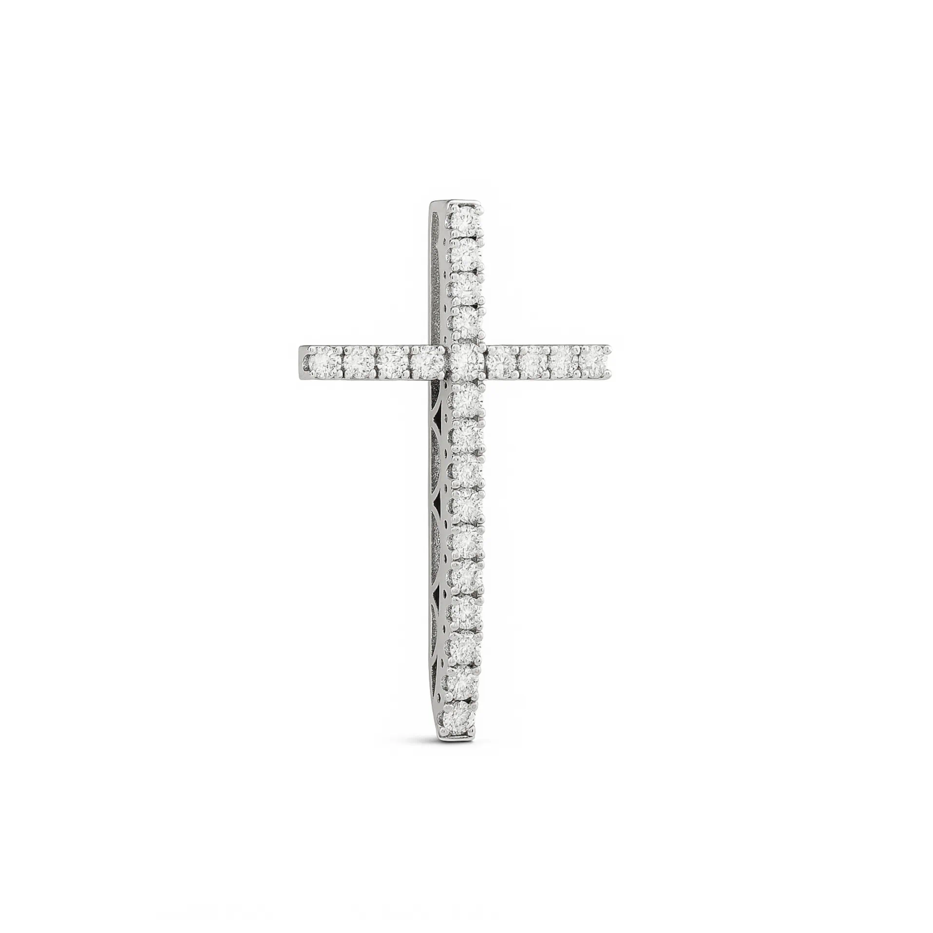 High-quality image of diamond-encrusted white gold cross pendant with delicate chain