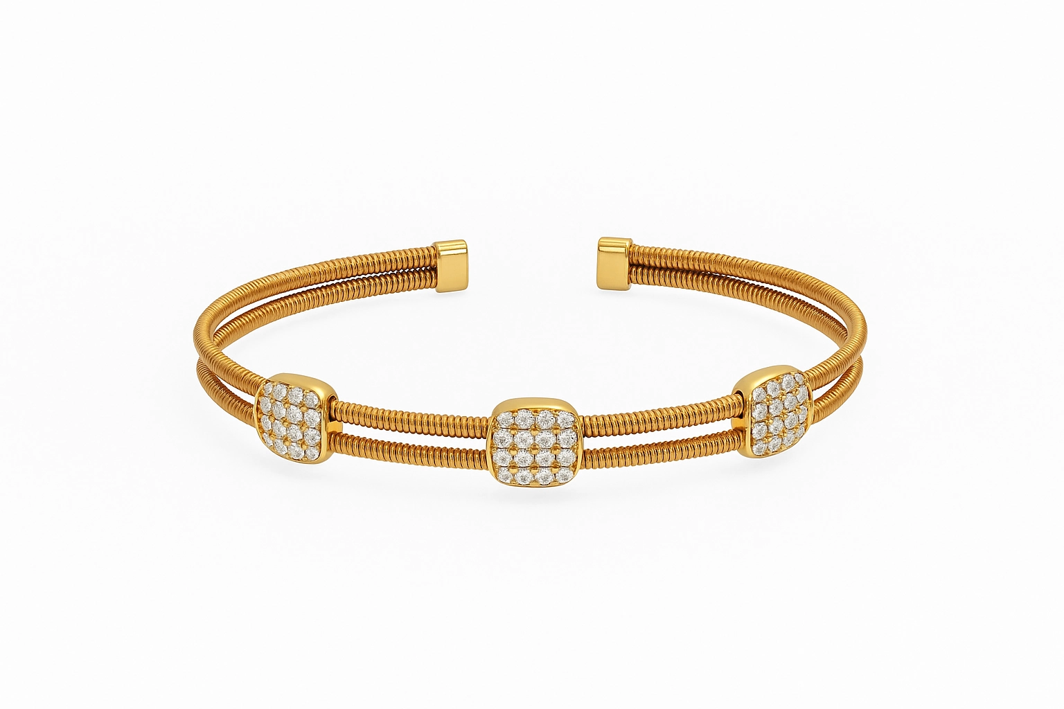 Close-up view of Square Pave Diamond Bangle in 18K yellow gold