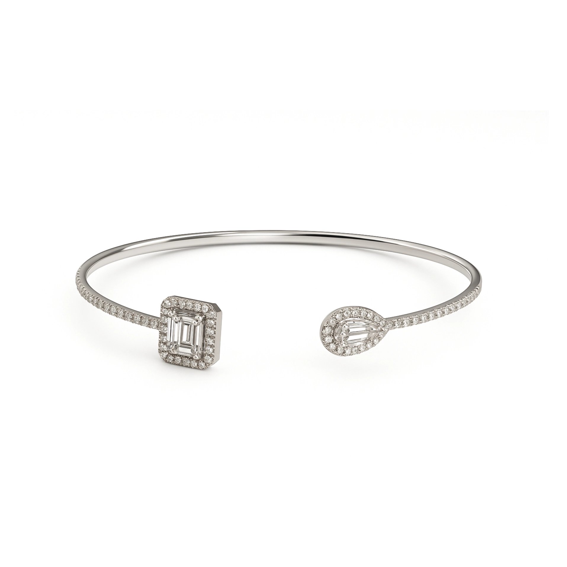 Detailed front view of white gold bangle with square and pear diamond clusters