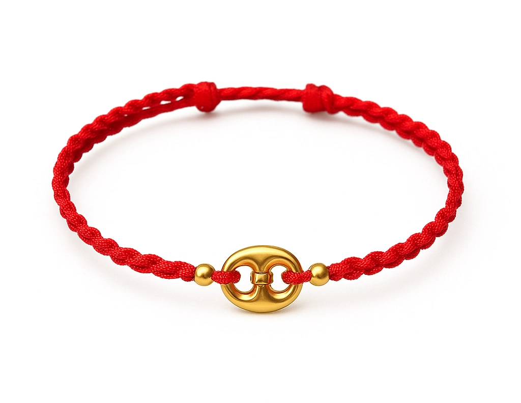 Side view of red adjustable bracelet showing clasp mechanism
